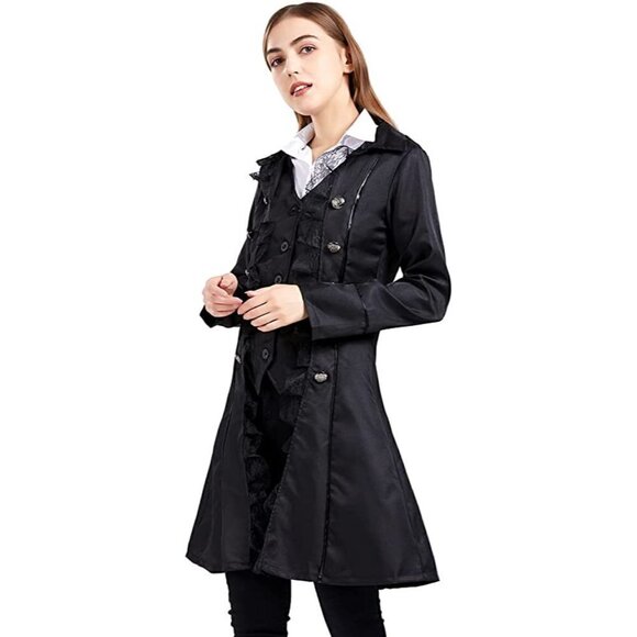 𝅺lace Steampunk Trench Coat Jacket Medieval Pirate Renaissance Victorian Vamp - Picture 4 of 8